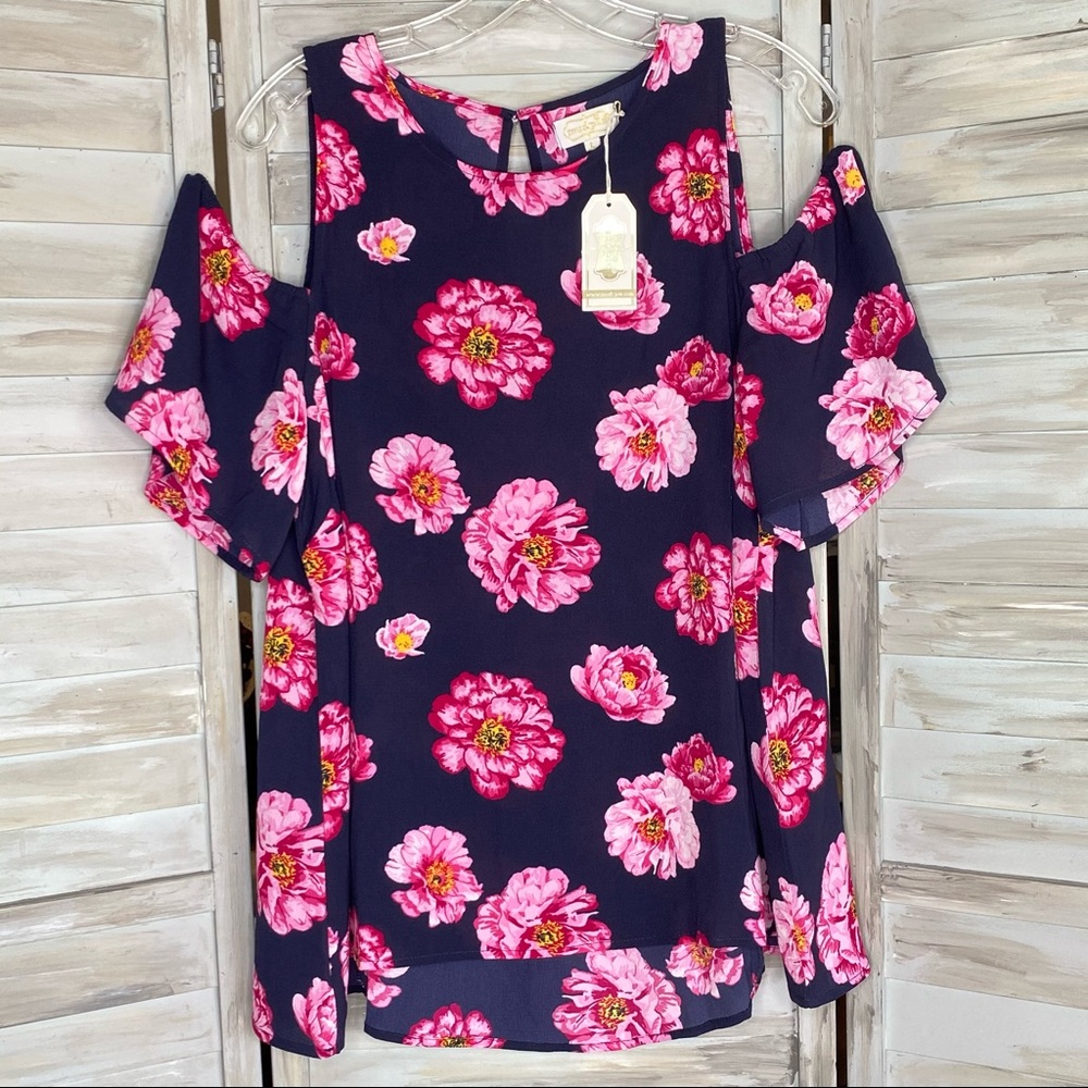 Mud Pie Lawson Top Blue Pink Floral Cold Shoulder NWT size Large L Lg NEW - Picture 2 of 13